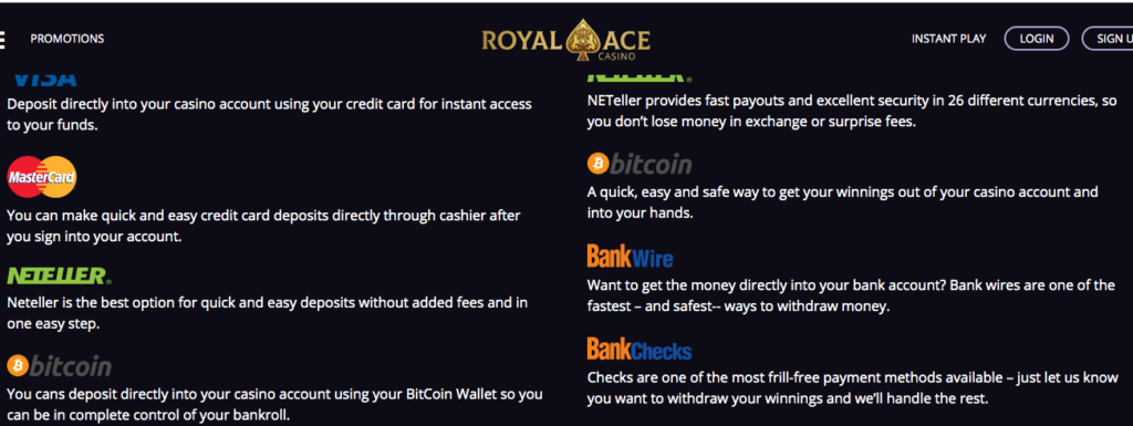 Royal Ace Casino Deposit and Withdrawal